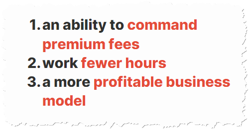 The benefits of building your personal authority as an expert include the ability to command premium fees, work fewer hours, and have a more profitable business model