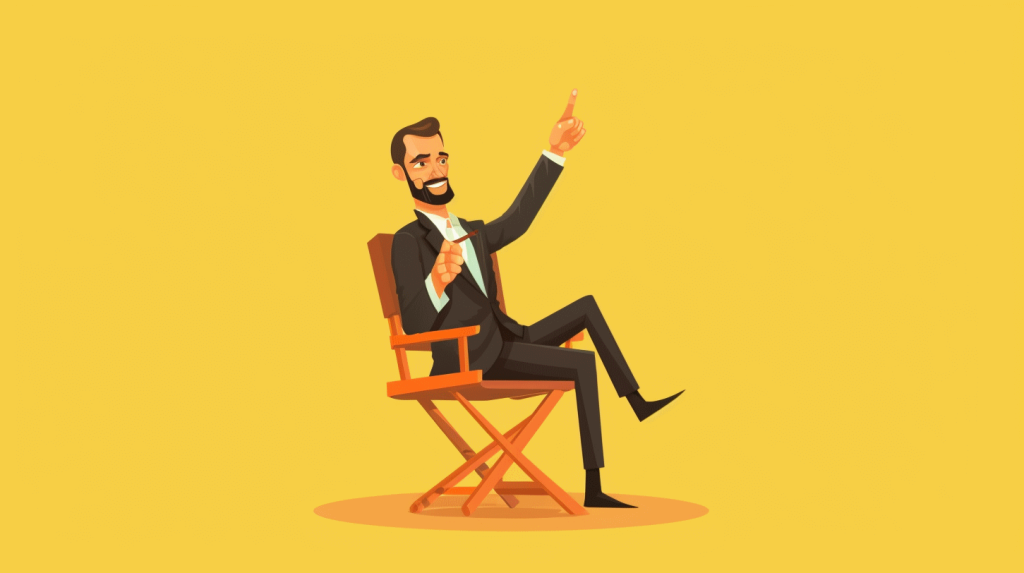 Cartoon of business man in directors chair pointing