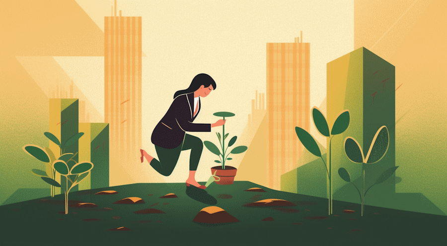 Woman planting a green shrub